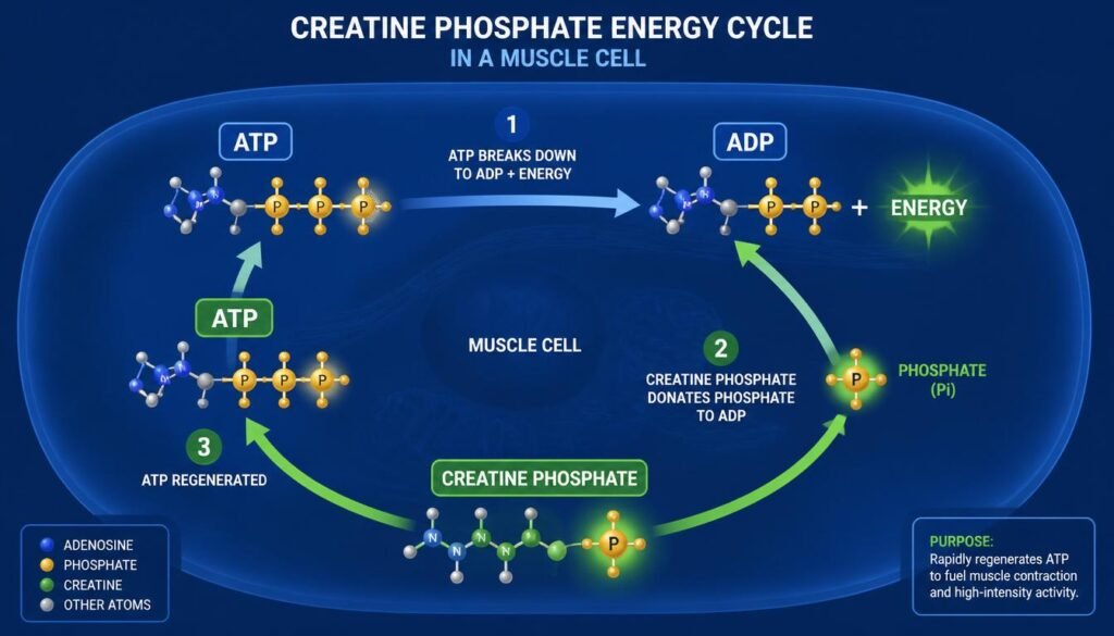 illustration of creatine phosphate ATP replenishment cycle in muscle cells during high-intensity exercise