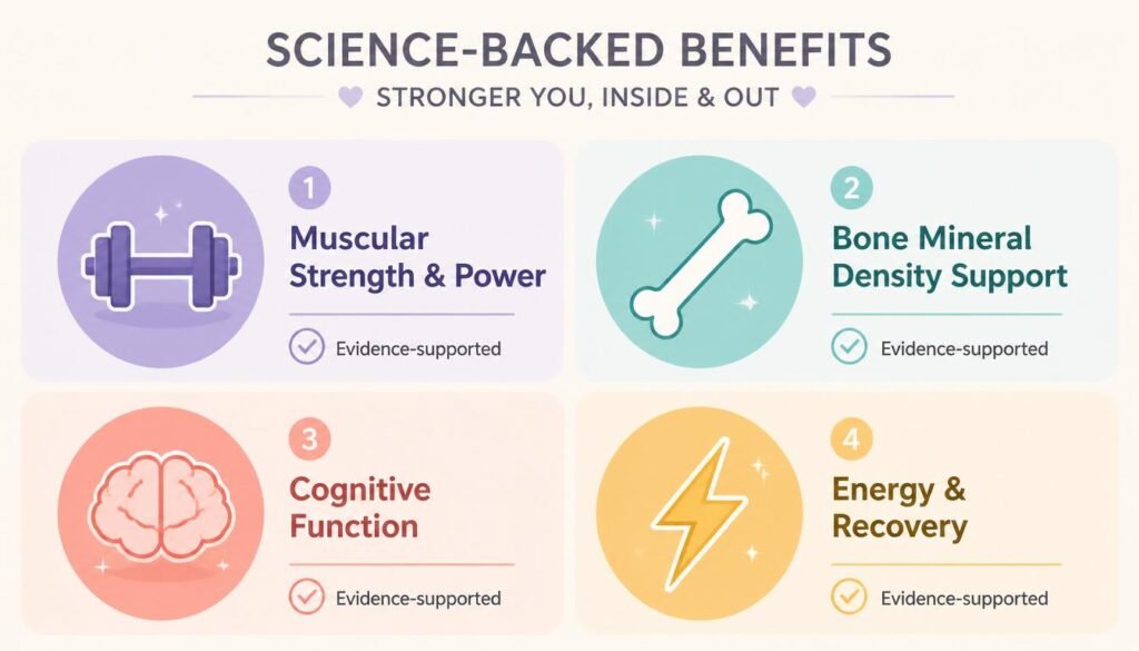 Infographic showing four science-backed benefits of creatine for women, including strength bone density cognitive function and energy