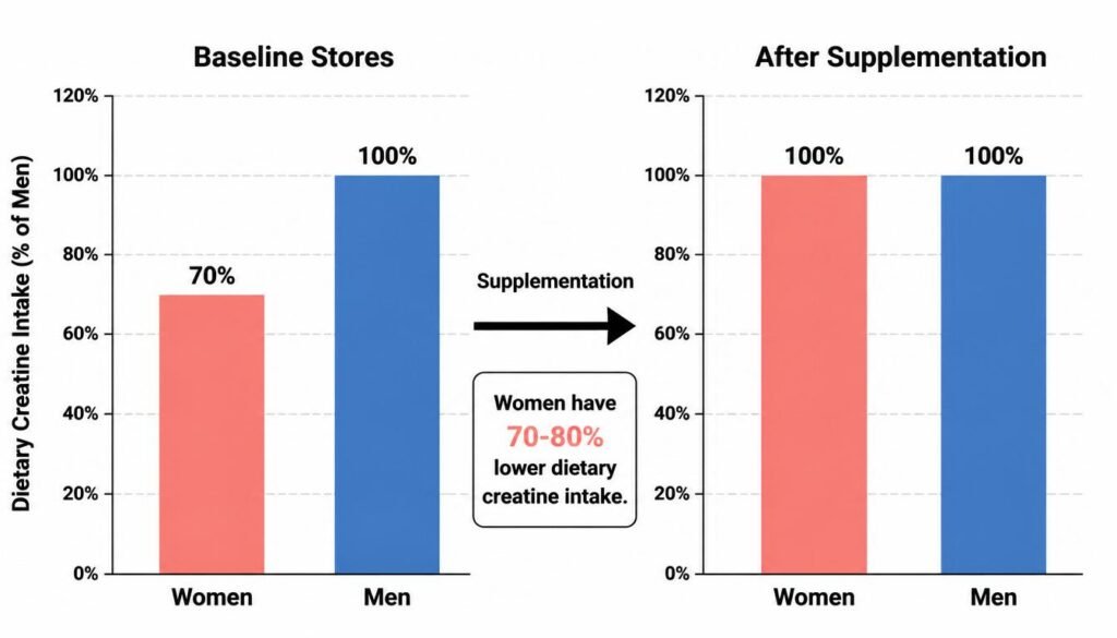 comparison chart showing lower creatine baseline in women versus men and how supplementation affects muscle creatine stores creatine for women