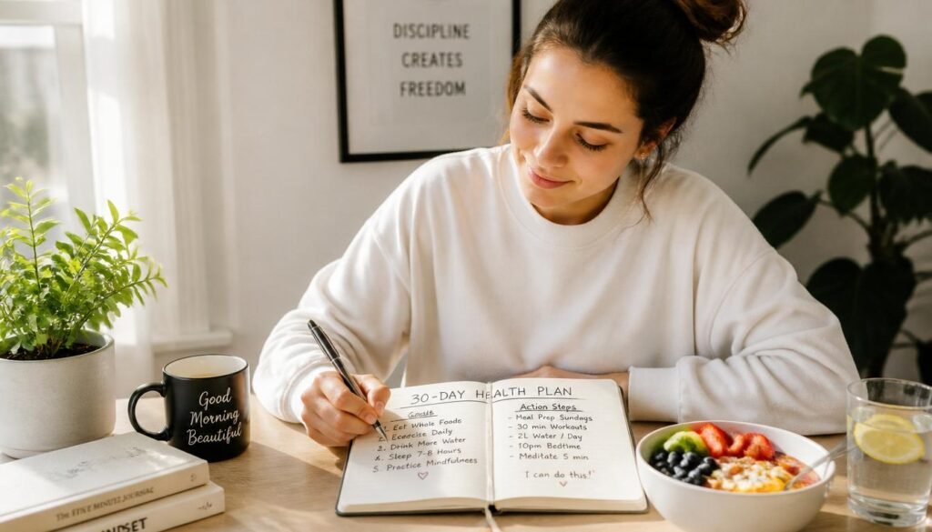 Text: person writing 30-day gut health restoration plan in journal at bright desk. What is gut health