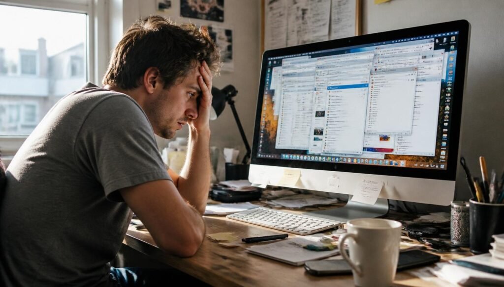 Person at desk with many browser tabs open, messy desk, tired, overwhelmed expression before habit change: productive without stress