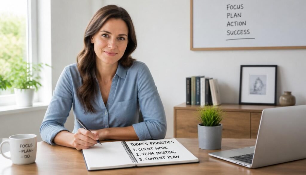A woman in her 30s at desk with notebook showing three written priorities: calm, organised expression, and productive without stress