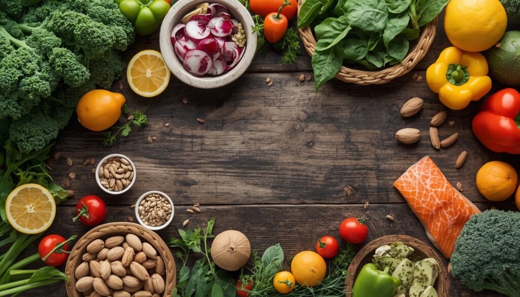 colorful arrangement of eye-protective foods including leafy greens, citrus, nuts and salmon for vision nutrition