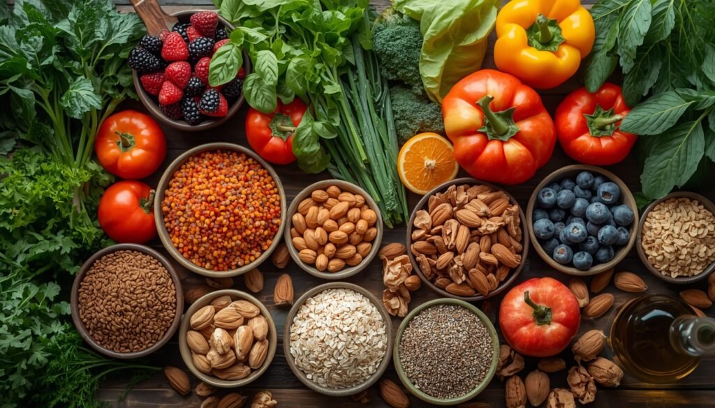 colorful array of whole natural foods representing nutrition for health and fitness without expensive supplements improve health fitness naturally without gym