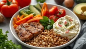 balanced meal plate with vegetables whole grains and protein representing blood sugar balancing foods