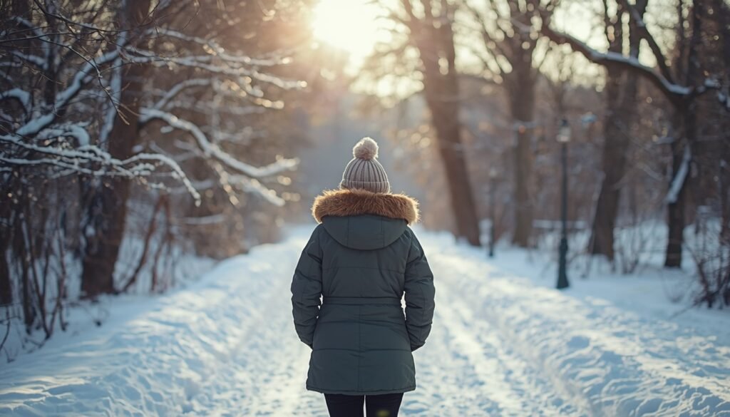 person bundled in warm clothing walking through snowy path, representing winter health challenges and cold-season wellness 2026