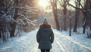 person bundled in warm clothing walking through snowy path, representing winter health challenges and cold-season wellness 2026
