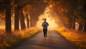 person jogging outdoors at sunrise representing natural fitness and health improvement without a gym or supplements