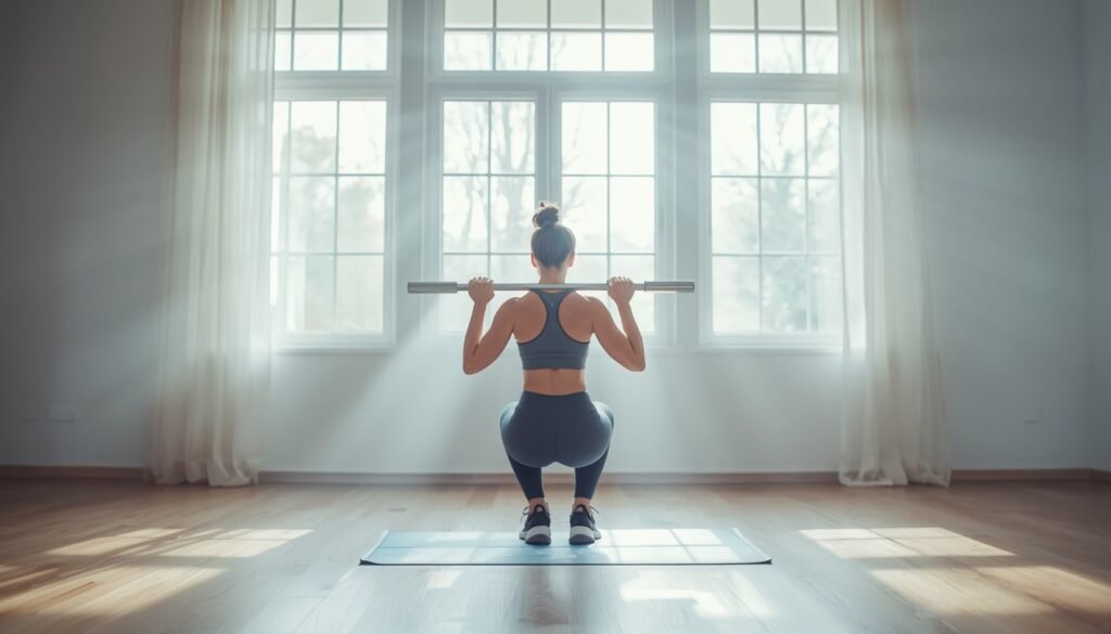 person doing bodyweight squats at home in morning light representing gym-free fitness and natural strength training