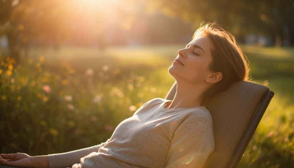 person sitting in morning sunlight, breathing deeply, representing natural light exposure stress reduction and holistic health