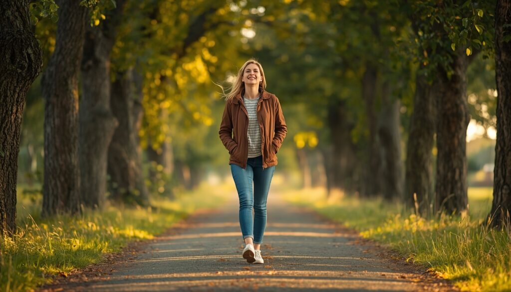 person walking on tree-lined nature path, representing small daily habits for long-term health and wellbeing. Daily habits improve health over time