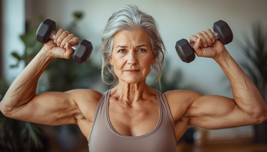 woman over 50 doing dumbbell resistance training representing creatine and exercise combination for bone density and muscle health