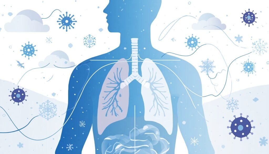 medical illustration showing how cold weather affects human respiratory system and immune response, winter health challenges 2026