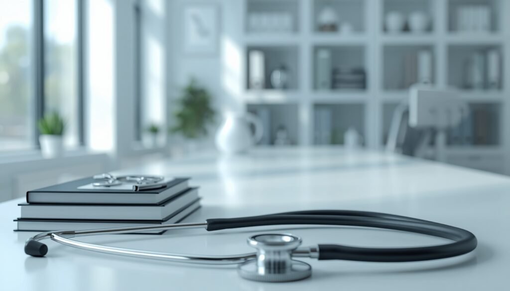 medical professional's desk with research materials and stethoscope representing clinical evidence and peer-reviewed science