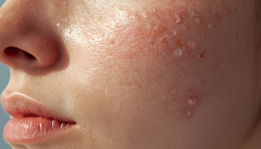 close-up of dry winter skin on a face, representing common seasonal skin problems and dryness. Winter skin problems care tips