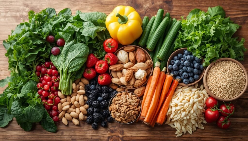 colourful variety of plant foods including greens, berries, nuts, seeds and legumes, representing healthy dietary habits. Daily habits improve health over time