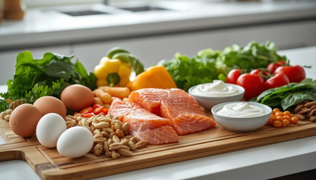 colorful high-protein foods, including eggs, fish, legumes, and greens supporting weight loss and muscle preservation