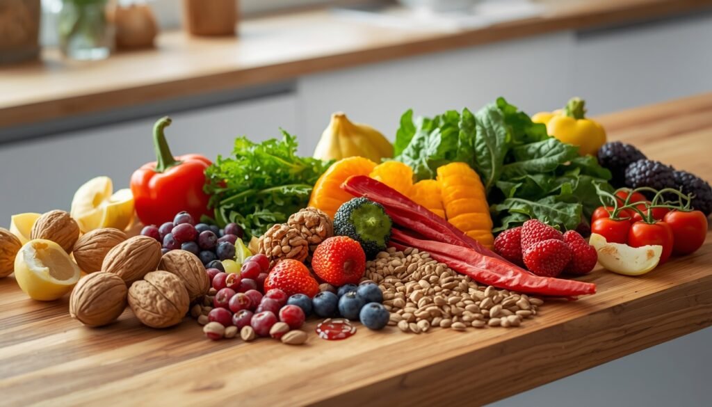 colorful spread of skin-supporting foods including walnuts leafy greens berries and seeds for winter skin nutrition winter skin problems care tips