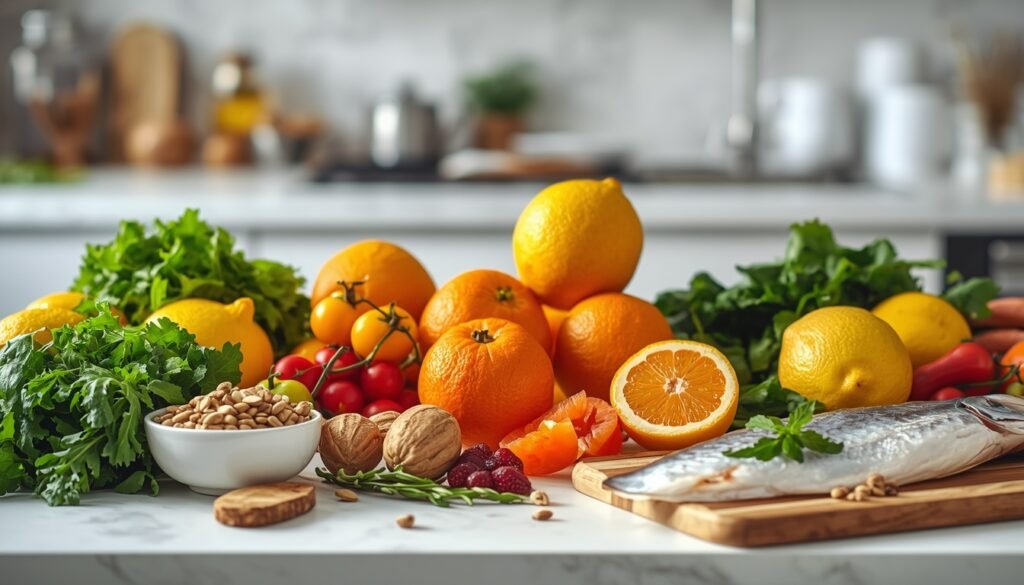colorful winter immune-supporting foods, including citrus leafy greens, nuts, seeds and oily fish for seasonal nutrition and winter health challenges 2026