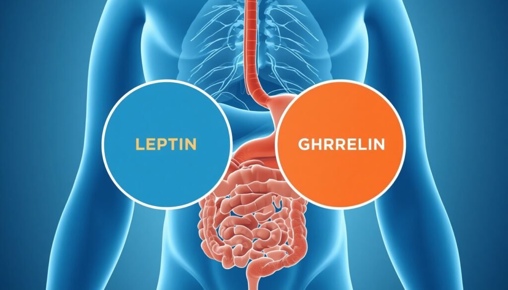 medical illustration showing leptin and ghrelin, hunger hormones in human body, representing appetite regulation and why people fail at weight loss