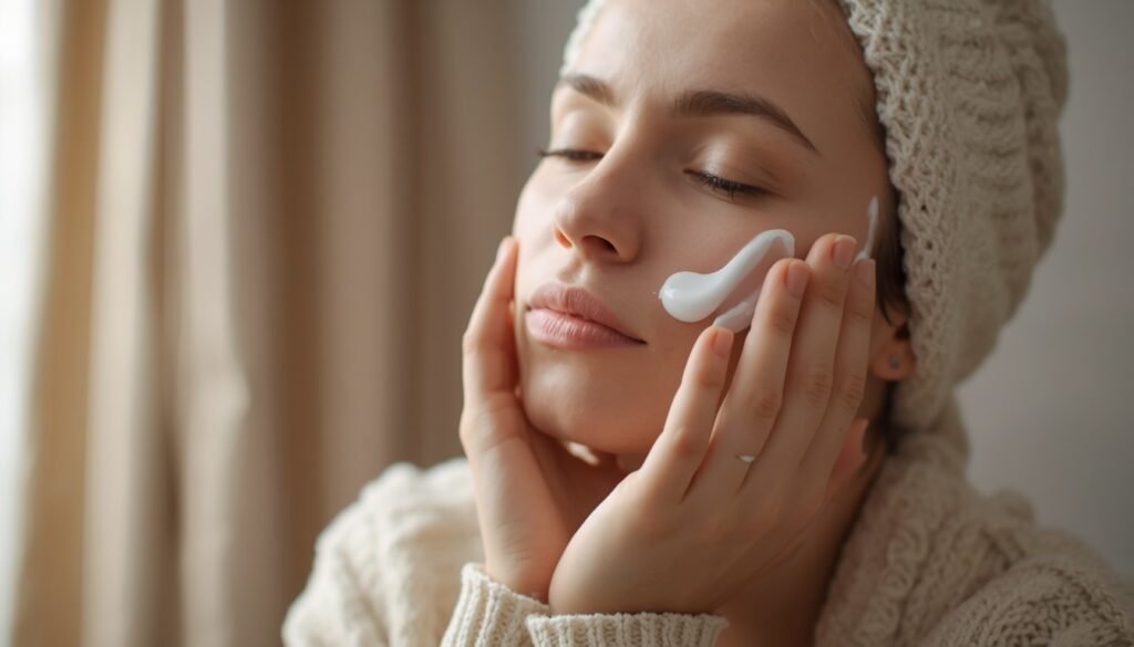 person applying moisturizer in winter morning routine, representing daily skin protection and care