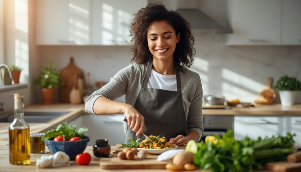 person preparing whole food meal with vegetables olive oil and whole grains in bright kitchen, representing evidence-based healthy eating and healthy lifestyle myths