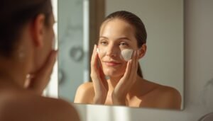 person applying moisturizer to face in bright modern bathroom, representing winter skin care routine and protection