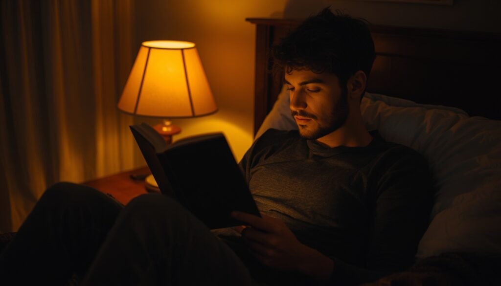 person reading book by warm lamplight in evening representing screen-free habit and healthy wind-down routine