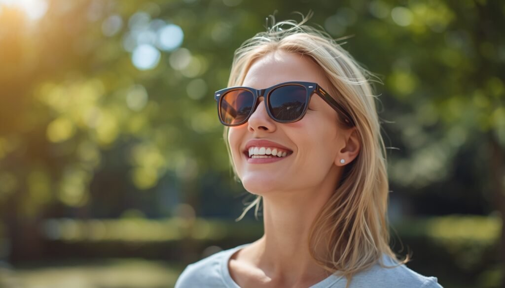 person outdoors wearing UV-protective sunglasses representing outdoor time and UV protection for eye health. Ultimate guide eye health 2025 2026