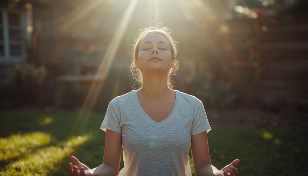 person sitting calmly in garden representing natural stress management and daily wellbeing practices