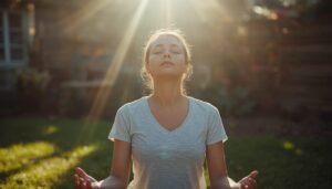 person sitting calmly in garden representing natural stress management and daily wellbeing practices