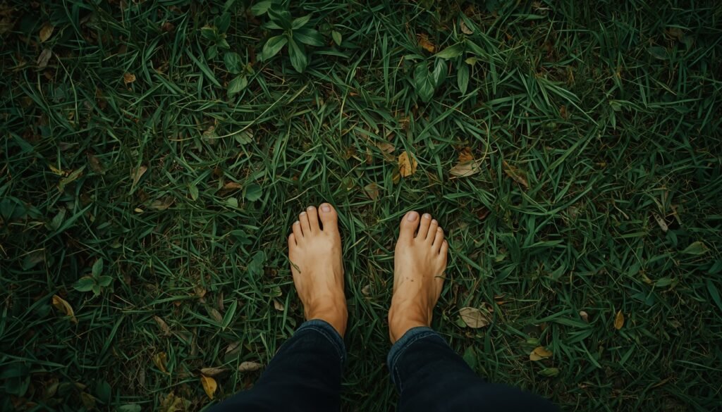 person walking in nature barefoot representing natural grounding stress relief and cortisol reduction, managing daily stress naturally