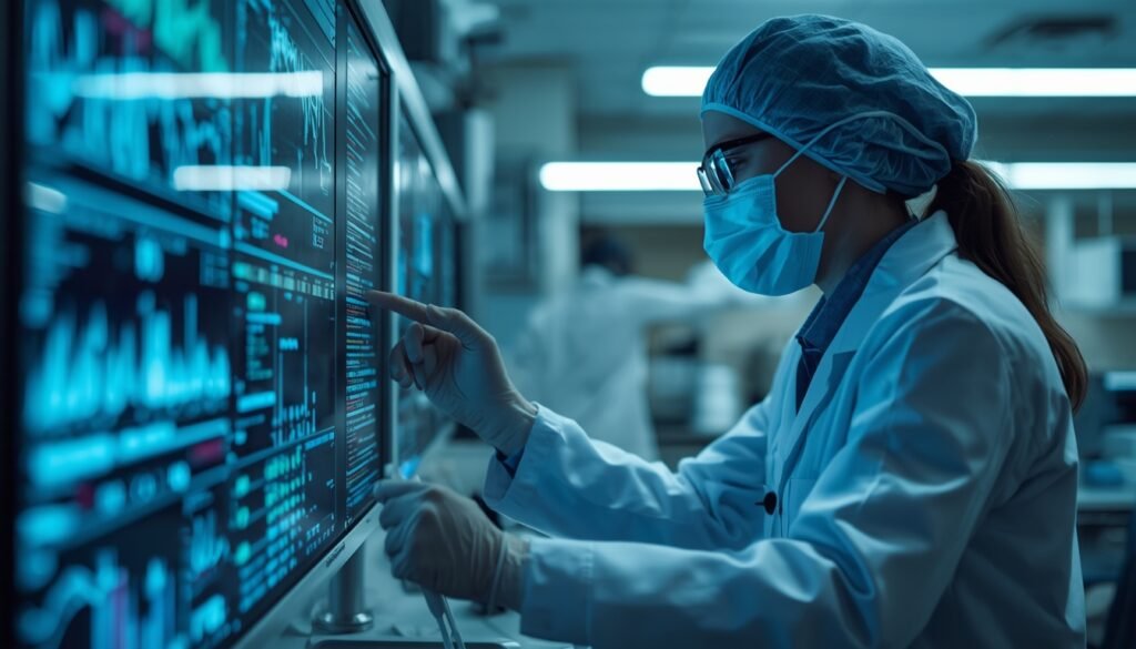 researcher examining winter health data in laboratory representing scientific research on seasonal health