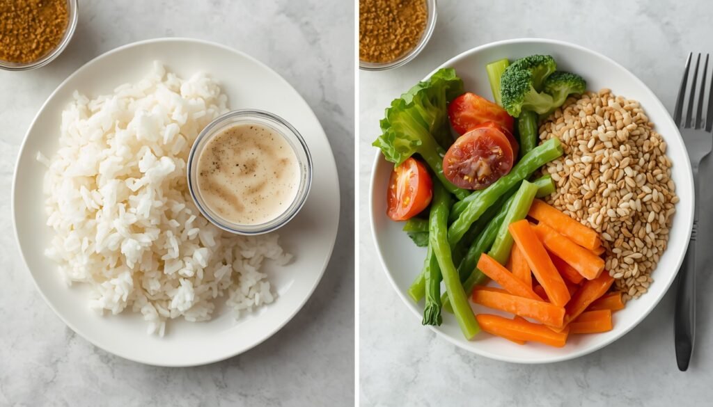 comparison showing a high-glycaemic meal causing blood sugar spike versus balanced meal with stable blood sugar