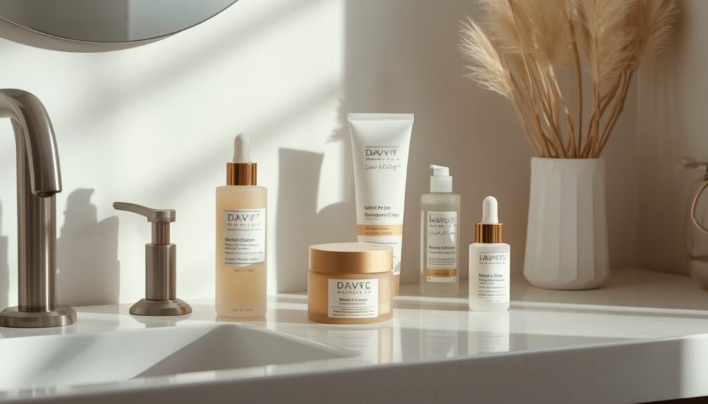 winter skincare products, including moisturiser, cleanser and cream, on bathroom counter for seasonal skincare routine