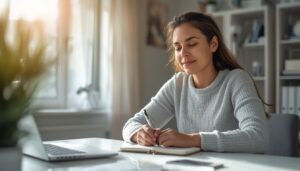 calm person writing in notebook at a clean, bright desk morning sunlight Peaceful, focused expression, productive without stress
