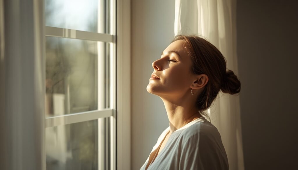 calm person standing by window in morningsunlight,t eyesclosed,d deep breathing peaceful routine
