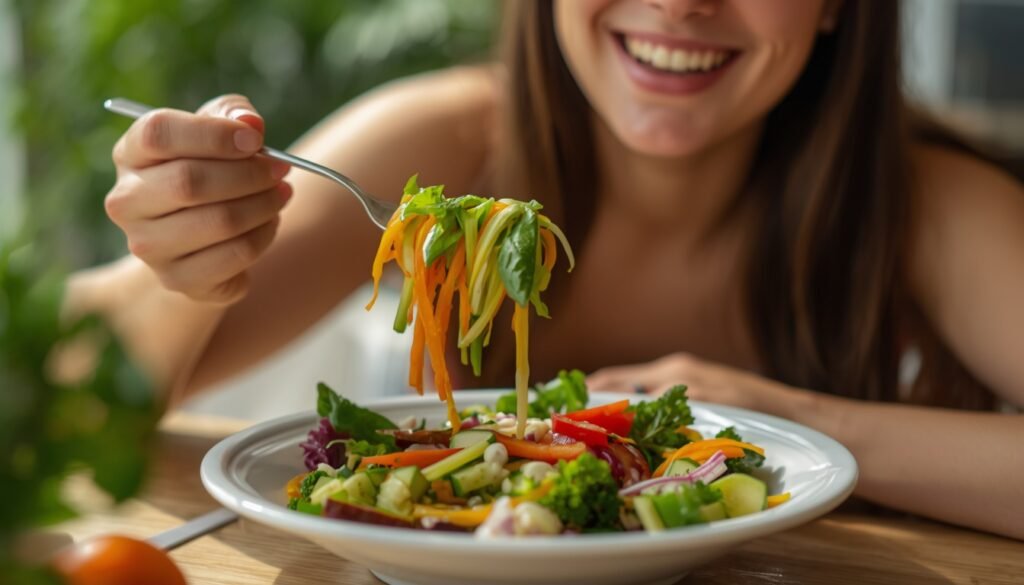 person eating colorful salad with diverse vegetables for gut microbiome health