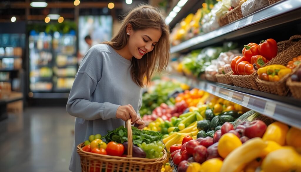 person shopping for colorful vegetables and fruits for gut health and microbiome diversity