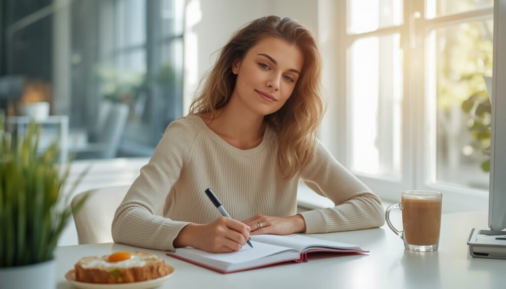person writing 30-day body awareness plan in journal for preventive health