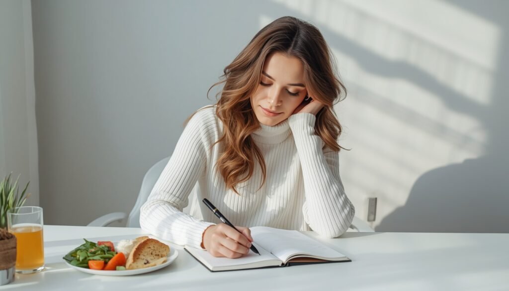 person writing 30-day balanced eating plan in journal for blood sugar management understanding blood sugar-balanced eating