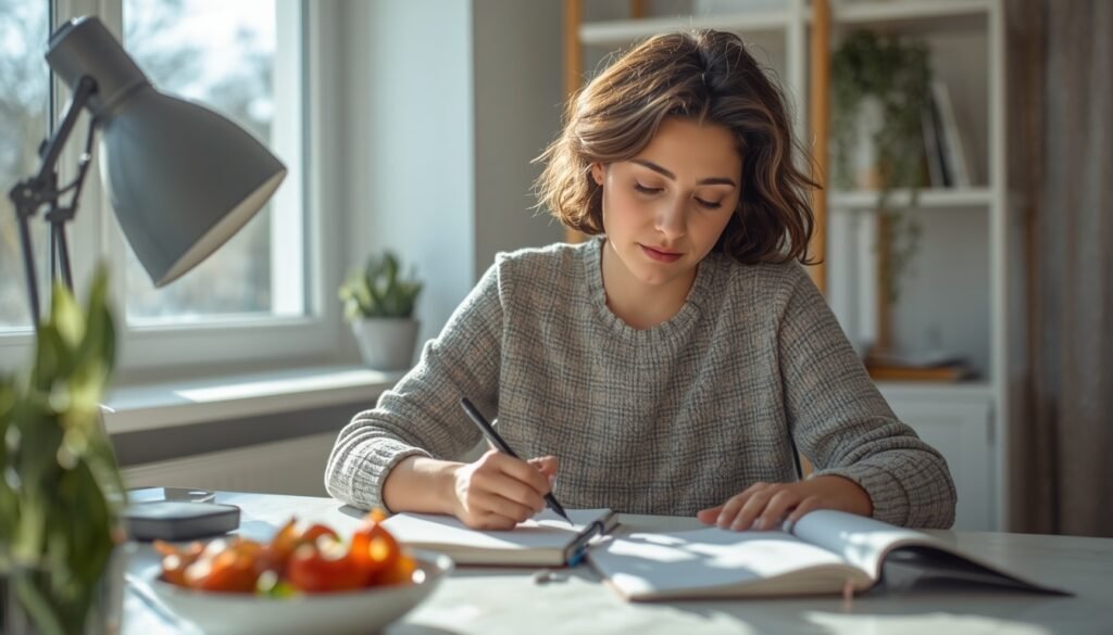 person writing 30-day productivity plan in journal at bright desk with healthy breakfast morning light