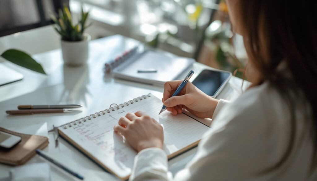 person writing body signal awareness checklist in notebook for preventive health