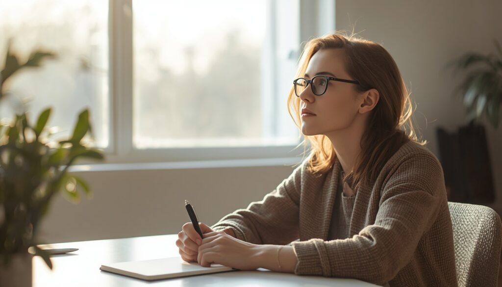 person sitting at desk with notebook planning morning habits for brain rewiring energy andfocus,s managing daily stress naturally