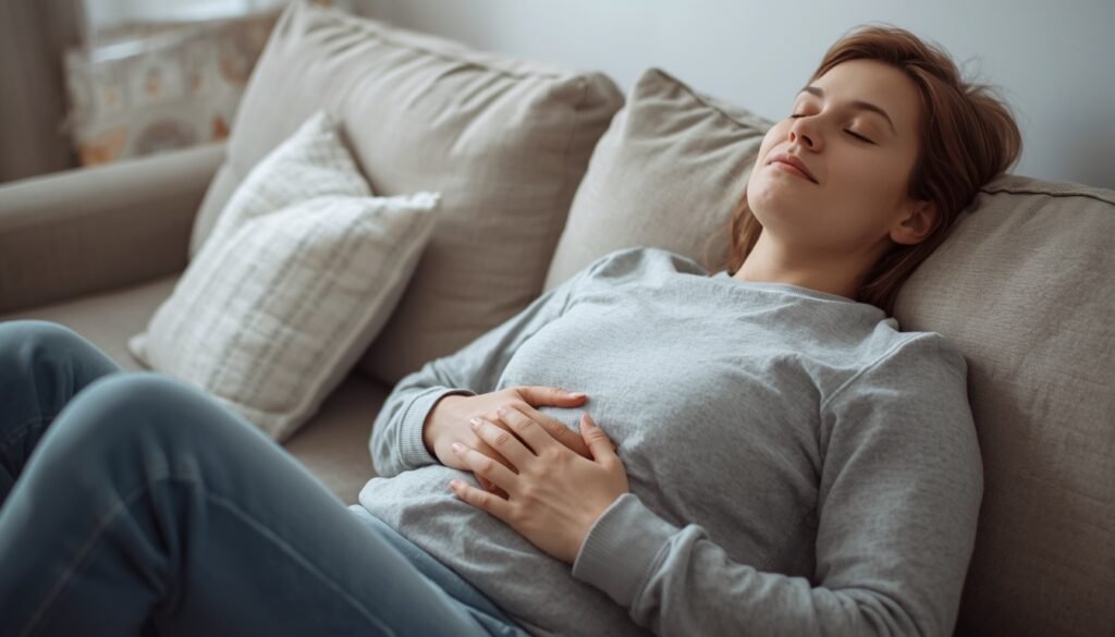 person sitting calmly with hands on stomach, feeling gut-brain connection and relaxation