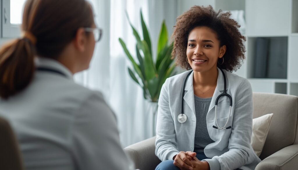 person talking to doctor or therapist in consultation room concerned but hopeful expression burnout support