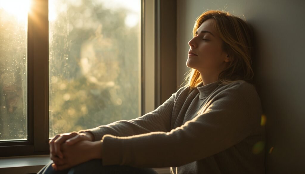 A person sitting near a window, eyes closed, with a calm, peaceful expression Protecting attention, not just time
