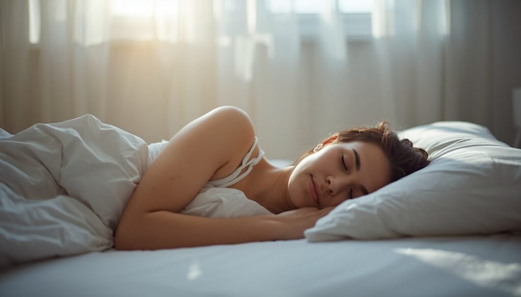 person sleeping deeply in a dark, cool bedroom inner peace and natural deep sleep