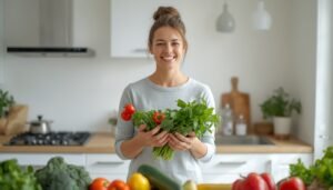 person holding fresh vegetables in bright kitchen representing gut health and healthy eating