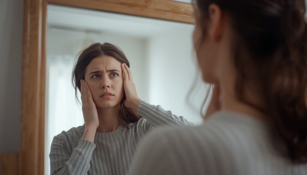 person touching hair and neck in a mirror, checking for hidden body symptoms